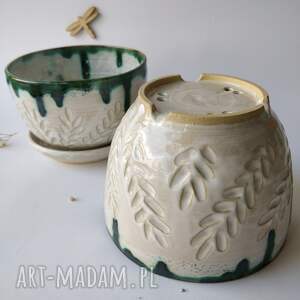 handmade ceramika zestaw dwóch ceramicznych doniczek że spodkami 3
