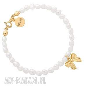 złota bransoletka z pereł naturalnych kokardką, perły