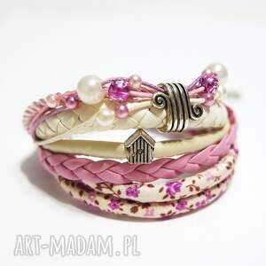 bransoletka - różowy domek rzemienie, kwiaty dla niej prezent