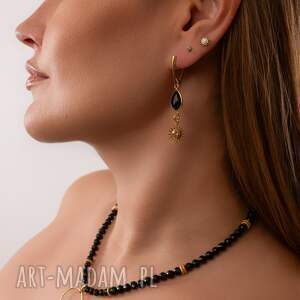 Kolczyki z czarnym onyksem Azteckie Słońce, Srebro 925 w złotym