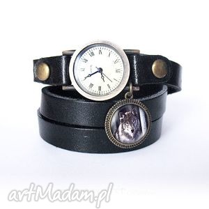 handmade bransoletka, zegarek - grey wolf - czarny, skórzany