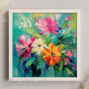 abstrakcyjny obraz kwiaty - bukiet kwiatów na turkusowym tle 50x50 cm