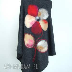 ponczo w kwiaty, one size, czarne poncho