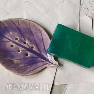 mydelniczka fioletowy listek, ceramika liść mydło, łazienka