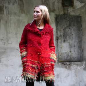 sweter czerwono zielony kudłacz, unikat dzianina płaszcz, prezent, wełna