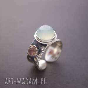 pierścionek srebrny z agatem aqua i kwarcem arbuzowym, szeroka obrączka, prezent