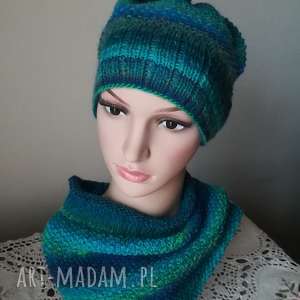 komplet na drutach laguna, rękodzieło czapka, komin zima turkus