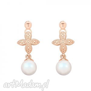 kolczyki z różowego złota rozetką i opalizującą perłą swarovski crystal modne