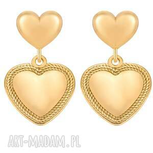złote kolczyki podwójne serca, sercami, serduszkami, ozdobne