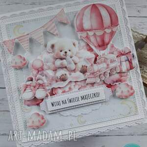 ZaCraftowane - Kartka z okazji narodzin dziewczynki z misiem, personalizacja, na narodziny, dziewczy