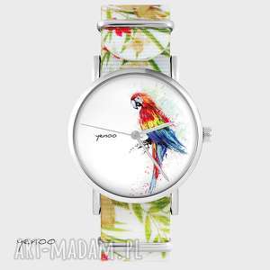 ręcznie wykonane zegarki zegarek - papuga kwiaty, nato, biały