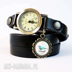 handmade bransoletka, zegarek - turkusowy ptak czarny, skórzany