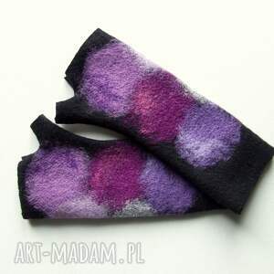 czarne mitenki z fioletami (rękawiczki bez palców, kolorowe mitenki, filcowane)