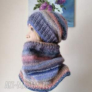 ręczne wykonanie czapki ręcznie na drutach - śnieżne pastele - miły, ciepły