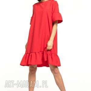 letnia sukienka z falbanami, t315, czerwona falbankami, przy rękawach luźny