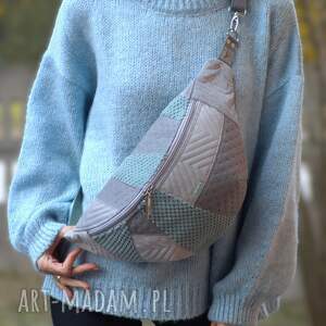 patchworkowa miętowo - szara nerka xxl, mini plecak, nerkoplecak jedna sztuka