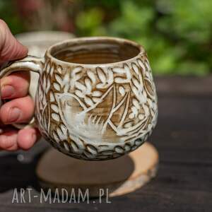 handmade kubek ceramiczny z ptakami mały kocham leśne beż ok 250 ml 2