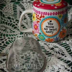 Prezent Ręcznie malowany kubek z sitkiem i pokrywką FOLK pink