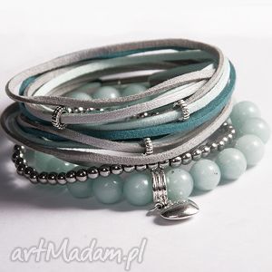 jadeit z hematytem, serce, kamienie kule, rzemień, komplet, prezent