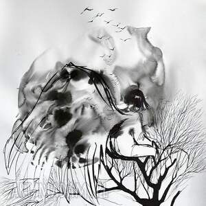 "anioł na drzewie" obraz czarnym tuszem akrylowym i pisakami artystki adriany laube