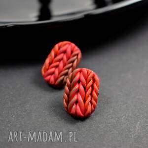wełniane sploty - kolczyki sztyfty w odcieniach czerwieni glinka polimerowa