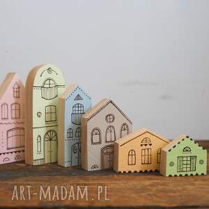 komplet 6 szt - pastelowe domki drewniane ręcznie malowane - domki z drewna, małe