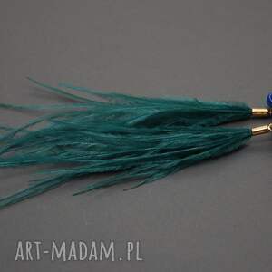 kobaltowo - morskie kolczyki sutasz z piórami, sznurek, delikatne długie wyjściowe