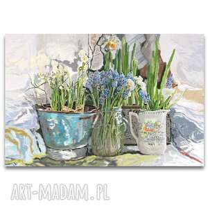 obraz na płótnie białe żonkile narcyzy i wiosenne szafirki 90x60, kwiaty