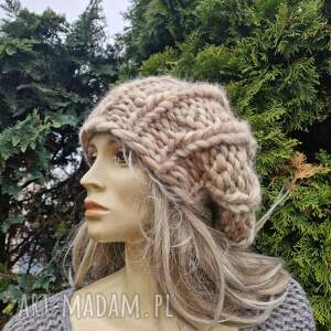 beret z grubej wełny merynosa, czapka big knitting, new design handmade
