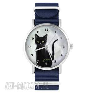 zegarek - czarny kot, cyfry granatowy, nylonowy kociary niej prezent