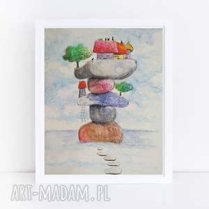 miasteczko-akwarela formatu 18/24 cm, koty, kredki papier, farby