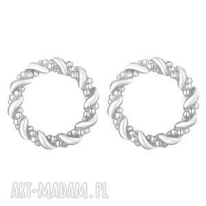 Srebrne kolczyki plecione koła, zdobione, sztyfty
