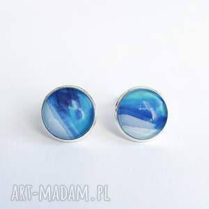 Klipsy - niebieskie, unikatowe, szklane, abstrakcja, grafika, prezent