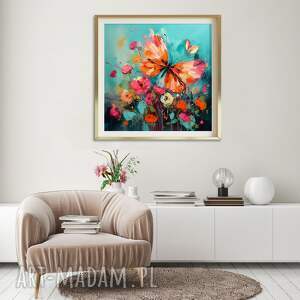kolorowy obraz z motylem - turkusowy kwiatami i wydruk