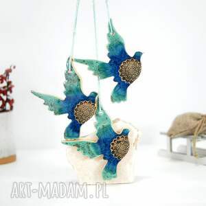 ręcznie zrobione święta prezenty 3 ceramiczne ptaszki choinkowe - turkus
