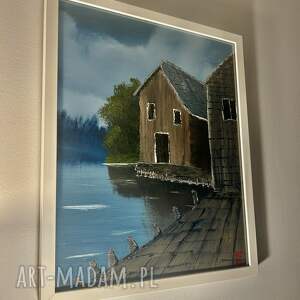 Oryginalny obraz olejny 40x50 cm z ramą - przystań nad rzeką