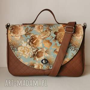 handmade na ramię torebka z klapką listonoszka ekoskóra brązowa - anemony