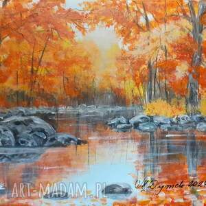 obraz ręcznie malowany akrylowy w blasku pomarańczu - 24x30cm słońce parku