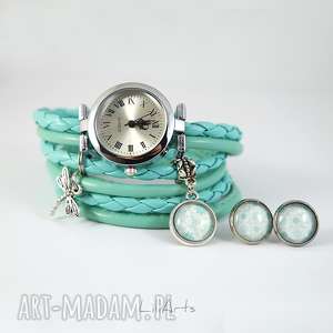 handmade zegarki komplet - ważka - zegarek i kolczyki - turkusowy owijany