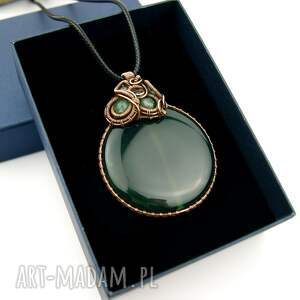 wisiorek z dużym zielonym agatem wire wrapping, biżteria artystyczna niej