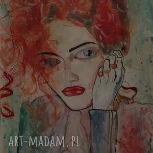rudowłosa, portret, akwarela, ekspresjonizm, kobieta, abstrakcja