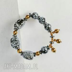 UNIKATOWA bransoletka: obsydian śnieżny, hematyt, unikat