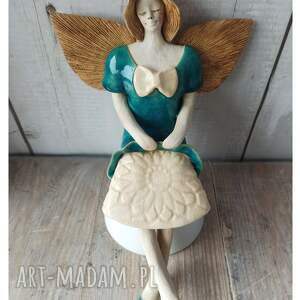 ręcznie zrobione ceramika anioł turkusowy z halką