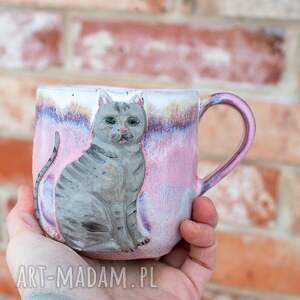 handmade ceramiczny duży kubek z kotem - różowy sen peony ok 450 ml szary kot