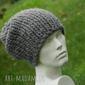handmade czapki 100% wełna syberianka kamienny brąz unisex gruba zimowa czapka