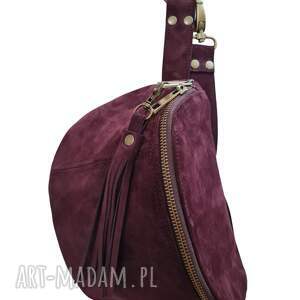 zamszowa, saszetka bordowa. skóra naturalna - Torebki nerki
