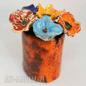 handmade ceramika piękny wyjątkowy komplet kwiaty ceramiczne 7szt i wazon handmade