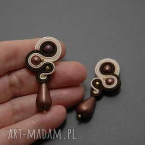 brązowo kremowe kolczyki sutasz, sznurek, eleganckie, sztyfty