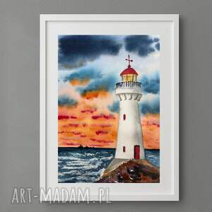 Akwarela Latarnia o zachodzie słońca, pejzaż