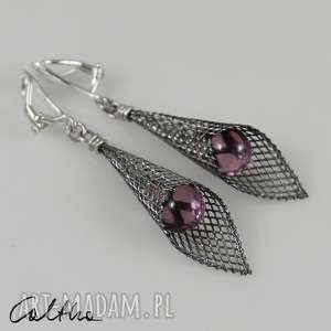 caltha liliowe w rożku - klipsy - kolczyki, wiszące, krople łezki